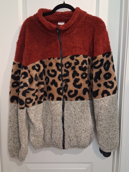 Jackets & Blazers - Cozy Colorblock Teddy Jacket with Leopard Panel - Rust/Tan/Cream